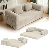 skølm Lofn Schlafsofa aus Cord – 2 Sitzer Couch ausklappbar zum Bodensofa – Vollschaumcouch in Beige 200 cm breit – Klappsofa inkl. 2 Kissen & Stahlgestell – Cordsofa Wohnzimmer – vakuumverpackt