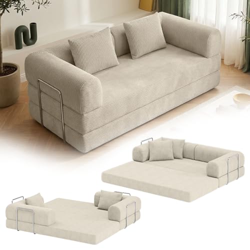 skølm Lofn Schlafsofa aus Cord – 2 Sitzer Couch ausklappbar zum Bodensofa – Vollschaumcouch in Beige 200 cm breit – Klappsofa inkl. 2 Kissen & Stahlgestell – Cordsofa Wohnzimmer – Cloud Couch boneless