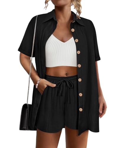 Ensemble coton et lin femme respirant avec chemise boutonnée et short à cordon ajustable