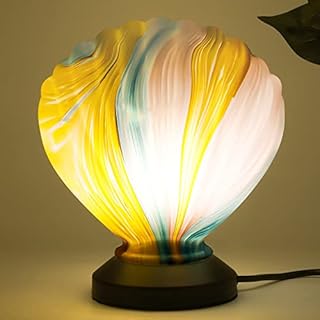 SuJolly Seashell Glass Table Lamp for Bedroom or Living Room, Hand Blown Glass Shade, Cute Trendy Retro Classic Night Desk Light for Home Decor, a Warm White Light Bulb Included (Vibrant Ribbon)