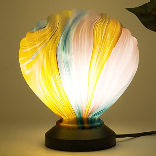 SuJolly Seashell Glass Table Lamp for Bedroom or Living Room, Murano Hand Blown Glass, Cute Trendy Retro Classic Night Desk Light for Home Decor, a Warm White Light Bulb Included (Vibrant Ribbon)