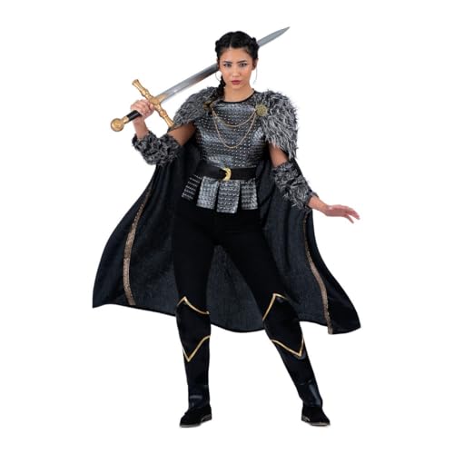 My Other Me - Disfraz Vikinga Mujer, talla XXL. Incluye capa negra con broches dorados, cuello y manguitos de pelo sintético, túnica gris con tachuelas metálicas, cinturón y cubrebotas negras.