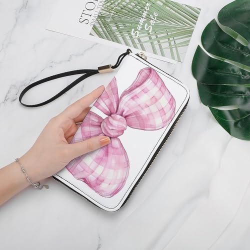 Watercolor Pastel Pink Gingham Ribbon Bow PU Leather Clutch Long Bifold Wallet, Coin Purse Credit Pass Case, Durable Card-Holder Money Storage for Women Men4