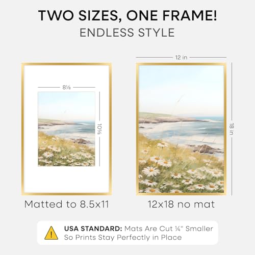 Image of Homeforia 12x18 Picture Frame Gold, High End Metal 12x18 Poster Frames with Mat 8.5x11 Photo, 12 x 18 Gold Frame Matted to 8.5 by 11 Print, 18x12 Thin Hanging Frame, Tempered Glass, Wall Kit, Set of 2
