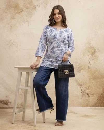 Image of Women's Short Kurti in Multicolor Rayon Cotton Blend | Ladies Ethnic Tunic | Office