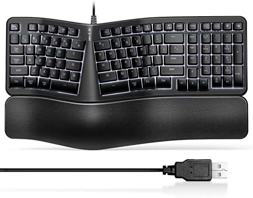 TANNSEN Backlit Wired Ergonomic Keyboard USB Split Keyboard with Wrist Rest and Comfortable Typing, 104 Keys, 10 Shortcuts for Windows, Mac and Laptop PC Computer