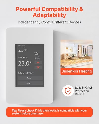 Image of VEVOR 7-Day Programmable Thermostat Gray-White (Without WiFi) - for Radiant Underfloor Heating Cable & Heat Pump, GFCI & Sensitive Sensor, TFT Color Touch Display, Energy-Efficient