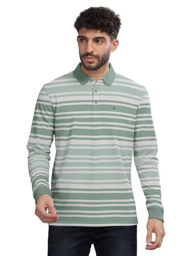 Image of BULLMER Striped Textured Printed Polo Neck Fullsleeve T-Shirt with Rib for Men