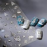 RUISPEED Geprägte Silberne Weihnachts-Nagelsticker – 5D selbstklebende Strass-Aufkleber mit Weihnachtsbaum & Schneeflocken-Stöcken, Nageldesign Zubehör für DIY Maniküre.