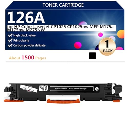 (Paquete de 4) 126A CE310A CE311A CE312A CE313A Cartuchos de Tóner de alto Rendimiento para HP Color LaserJet CP1025 CP1025nw MFP M175a M175nw M275NW Impresoras, Impresión de alto Volumen,Black 1 pack