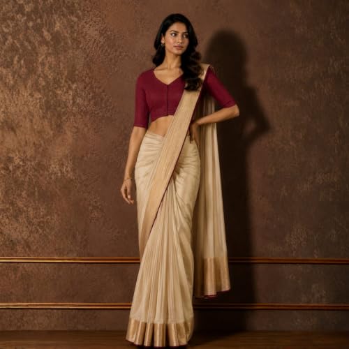 Image of Studio Shringaar Women's Thick Handloom Cotton Plain Side Stretch (Smocked) Readymade Saree Blouse