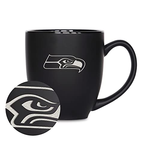 Image of Rico Industries NFL Football 15oz Personalized Laser Engraved Matte Black Ceramic Bistro Mug - For Hot or Cold Drinks