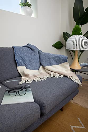 Asterlark 100% Fine Merino Wool Blanket, Twill Multicolor Pattern With Fringe, Throw Size 67" X 51" (Indigo Blue, Sandstone Brown, Natural White) #TOP2