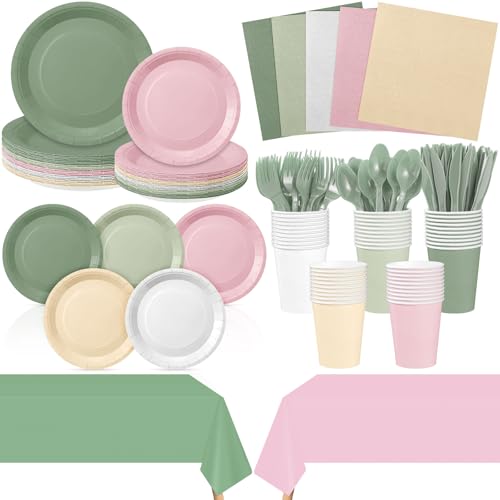 Mimorou 177 Pcs Sage Green and Pink Plates and Napkins Set Serves 25