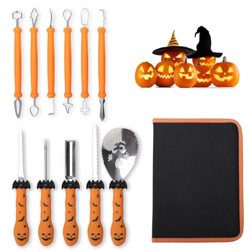 Orchideeknc Halloween Kürbis Schnitzset, 11-Teiliges Professionelles Kürbis Schnitzwerkzeug aus Edelstahl, mit Aufbewahrungstasche