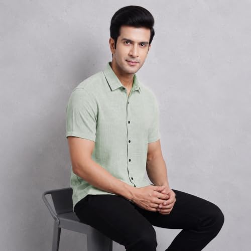 Image of TOPLOT Men's Casual Short Sleeve Button Down Shirt | Lightweight Breathable Textured Linen Formal Shirt | Summer Beach Vacation Relaxed Fit Man Shirts (5260)