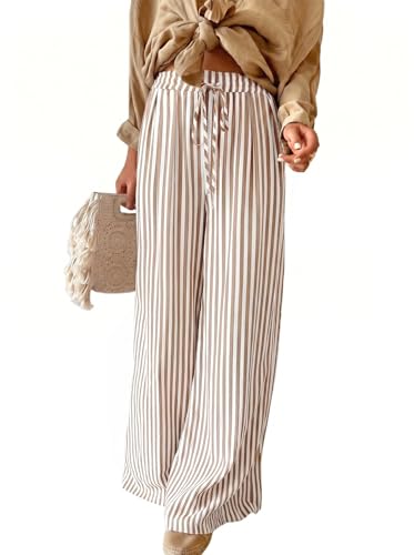 Image of Acelitt Women Casual Drawstring Elastic Waist Striped Wide Leg Pants with Pockets, S-XXL