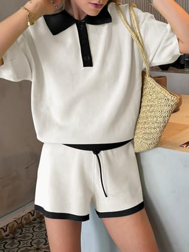 Image of Tankaneo Womens 2 Piece Short Sets Short Sleeve Knit Tops Vacation Outfits | Sweater Fabric, 2026 Summer, Collared, Matching Lounge Set