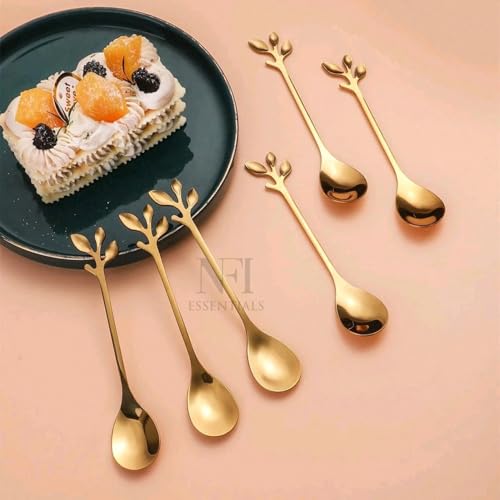 Image of NFI essentials 6 Pcs Leaf Design Coffee Tea Spoons Set, Stainless Steel 13cm Golden Retro Dessert Espresso Spoons Cutlery Kitchen Tableware, Perfect for Mixing & Stirring