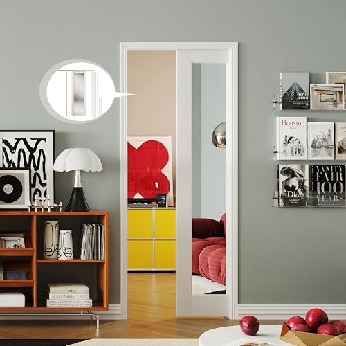 Image of 30 inch x 80 inch Pocket Door, 1-Lite Mirror Interior Door Panel with Frame and Hardware Kit Set Plus Door Jamb, Single-Sided Mirror Closet Door Slab for Sliding Door, No Panel Assembly Required