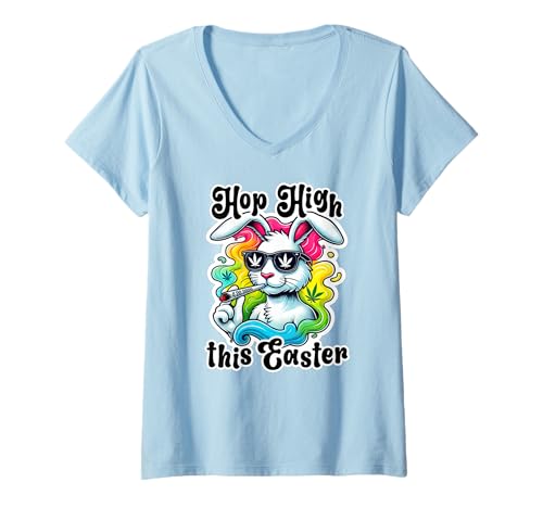 Womens 420 Easter Bunny Funny Weed Smoking Rabbit Marijuana 4/20 V-Neck T-Shirt
