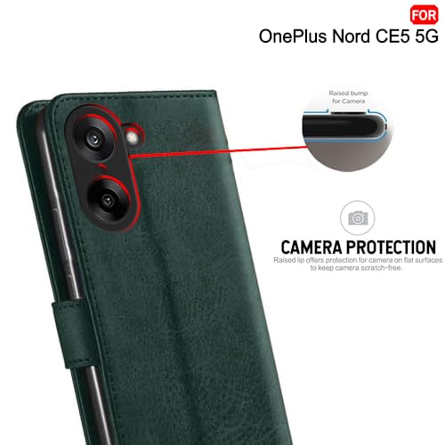 Image of TheGiftKart Genuine Leather Finish Flip Back Cover Case for OnePlus Nord CE 5 5G | Inbuilt Pockets & Stand | Wallet Style | Designer Button | Flip Back Cover for OnePlus Nord CE5 (Faux Leather, Green)
