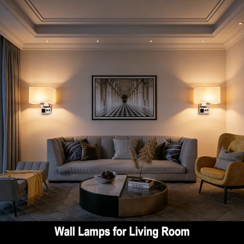 Image of Bedside Wall Mount Light with USB, LED Reading Swing Arm Fabric Shade Wall Sconce, Hardwired Wall Lamp for Bedroom, Living Room Hotel (Chrome)