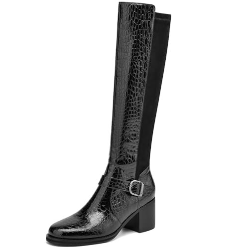 Womens Knee High Boots Chunky Low Heel Tall Boots Faux Leather Crocodile Boots Long Riding Boots
