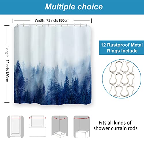 Ortigia Blue Misty Forest Shower Curtains,Nature Mountain Shower Curtain,Woodland Shower Curtain,Fantasy Fog Tree Bath Curtain For Bathroom,Waterproof Polyester Fabric-72 Wx72 L-With Hooks #TOP3