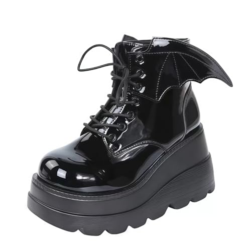 [Maimeili] Women's Gothic Platform Combat Shoes, Bat Wing Belt, Ankle Boots with Buckles, Chunky Bottom Fashionable Studded Biker Boots, Bat wings BLK, 24.5 cm