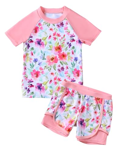 Girls Rash Guard Swimsuit Set 2 Piece Short Sleeve Bathing Suit Beach Swimwear UPF 50+ Sun Proction 3-12 Years