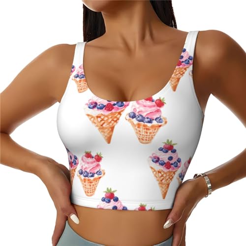 Brassière de sport pour femme - Soutien élevé - Blueberry Strawberry Ice Cream Running Crop Workout Débardeur pour femme, Noir/blanc, S