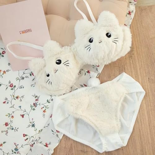 Image of Cute Kawaii Lingerie Set - Plush Kitty Design Adorable Bra and Panty Set in Soft Pink and Cream - Cosplay Lingerie Honeymoon Date Night Couple Valantine Day Gift Sexy Lingerie