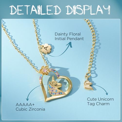 SWEETV Hypoallergenic Unicorn Necklace for Girls - 18K Gold Plated Cubic Zirconia Initial Heart Pendant, Unicorn Jewelry Gifts for Birthday/Christmas2
