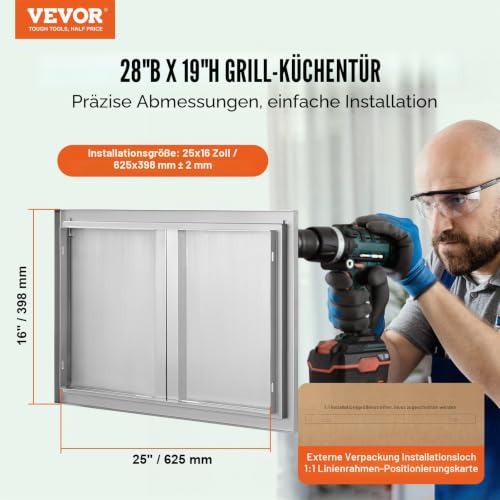 VEVOR Grill-Zugangstür, 710 x 482 mm, Doppelte Außenküchentür, Flächenbündig Montierte Edelstahltür, Vertikale Wandtür mit Versenkbaren Griffen, für Grillinsel, Grillstation, Außenschrank