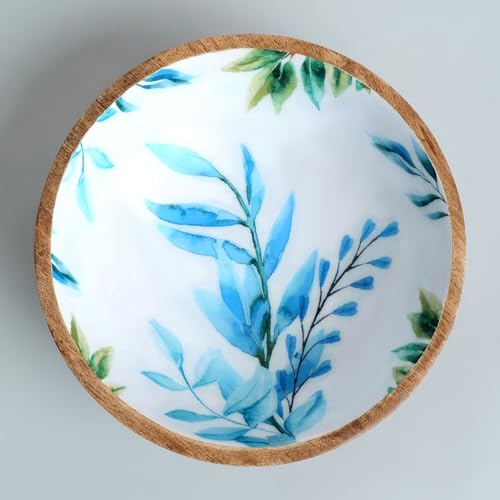 Image of SAAGA Printed Mango Wood Mixing Bowl | 8 x 2.5 Inch Large Wooden Serving Bowl for Salads, Fruits, Snacks, Curries & Desserts | Handcrafted Kitchen & Dining Bowl | White & Aquamarine