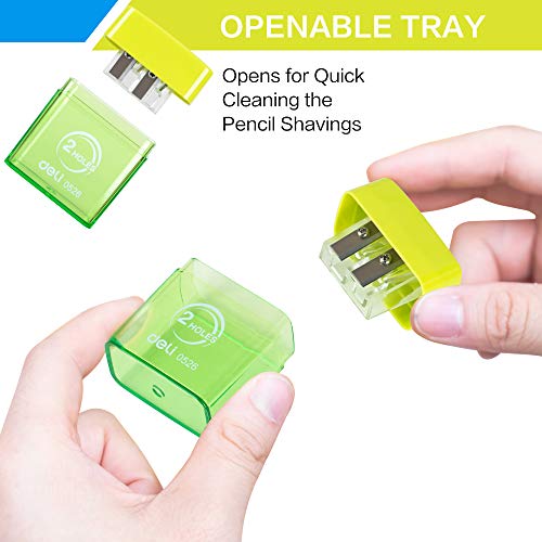 Deli Manual Dual Holes Pencil Sharpeners With Lid, Colored, For Kids & Adults, Random Color #TOP3