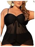 WDIRARA Women's Plus Size Knot Front Mesh Tankini Top Flowy Swimsuit Top Only Black X-Large Plus