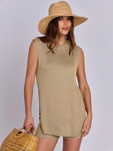 ANRABESS Women Summer 2 Piece Outfits Sleeveless Knit Sweater Top & Shorts Soft Lounge Sets Travel Beach 2025 Spring Clothes2