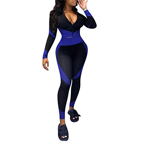 Women 2 Piece Outfits Workout Tracksuit Sexy Long Sleeve Track Jacket High Waisted Pants Jogger Set Sweatsuit Blue 4X