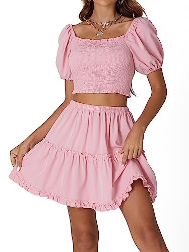 LYANER Women's Two Pieces Outfits Frill Smock Square Neck Top and Skirts Suit Sets