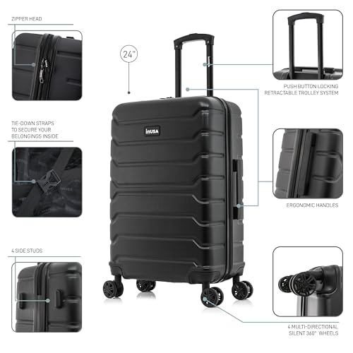 Image of InUSA TREND Luggage with Spinner Wheels | Durable lightweight Hardside Suitcase, Travel bag with Handle and Trolley, 24-Inch Medium Checked luggage | Black