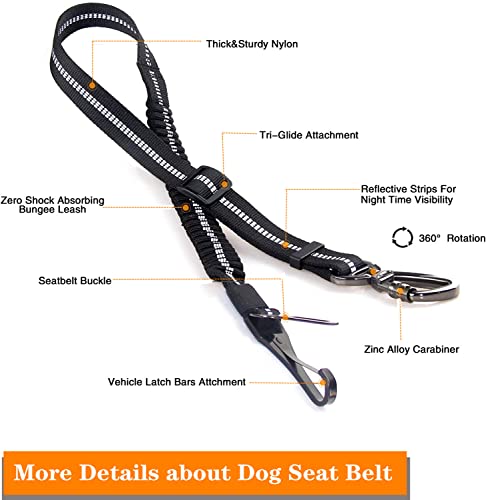 Dog Seat Belt,Adjustable Dog Seatbelt for Car,3 in 1 Dog Safety Belt Leash,Reflective Bungee Dog Car Seatbelt with Hook& Buckle, Dog Car Seat Belt with Aviation Zinc Alloy Rotatable Carabiner