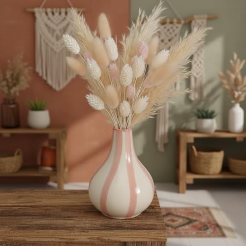 Image of PUREZENTO Pink & White Striped 'Tulip Bud' Ceramic Vase 6 Inch (Pack of 1) | Unique Modern Bud Vase for Dried Flowers & Pampas Grass | Vases for Modern Home Decor, Living Room & Office Decor Ideas