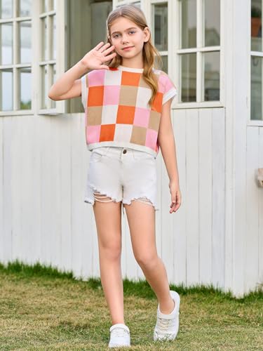 Haloumoning Girls Summer Crop Tops Color Block Vest Cute Tanks Cap Sleeve Tee Loose Kids Knit Top 5-14 Years4