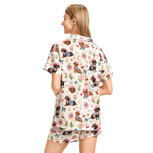 Image of Funny Pajamas for Women Set Print Satin Loungewear Pjs Short Sleeve Button Down Top and Shorts Sets Sleepwear XS-3XL