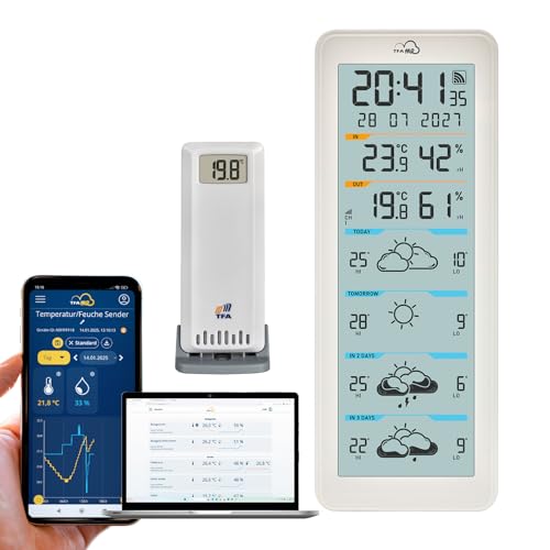 TFA.me 35.8108.02 ID-06, WLAN Funkwetterstation, 4 Tage Profi-Wetterprognose, wetter.com, 40 verschiedene Wettersymbole, Warnfunktion (weiss ohne...
