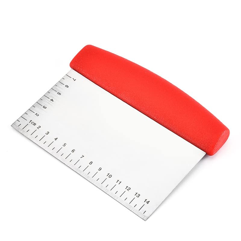 Image of Dough Scraper Stainless Steel with Handle, Metal Dough Cutter Spatula with Measurements, Kitchen Baking Tool Bench Scraper for Pizza Pasta Pastry Cake Bread Biscuit (Red)
