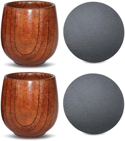 2 Pack Wooden Bourbon Glass With Slate Stone Coaster, Gifts for Whiskey Lovers, Men, Dad, Brother (Jujube Wood+Polished Edge Coasters)