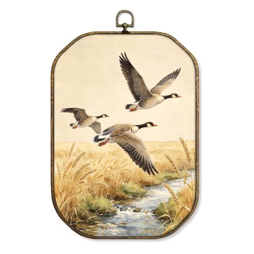 XiZoDinia Octagonal Framed Flying Wild Goose Wall Art, 7.5x10.2 Inch Vintage Wood-Look Animal Wall Decor, Watercolor Geese Over Wheat Field Print, Aesthetic Mural for Bathroom Living Room Bedroom, Nature Lover Gift (Wild Geese)
